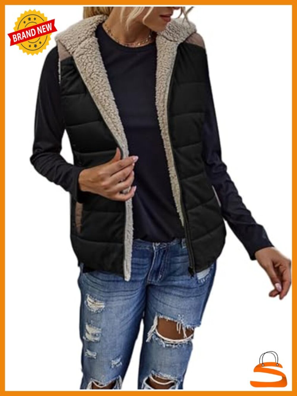 Womens Sherpa Fleece Reversible Zip Vest Hooded Sleeveless Quilted Outerwear